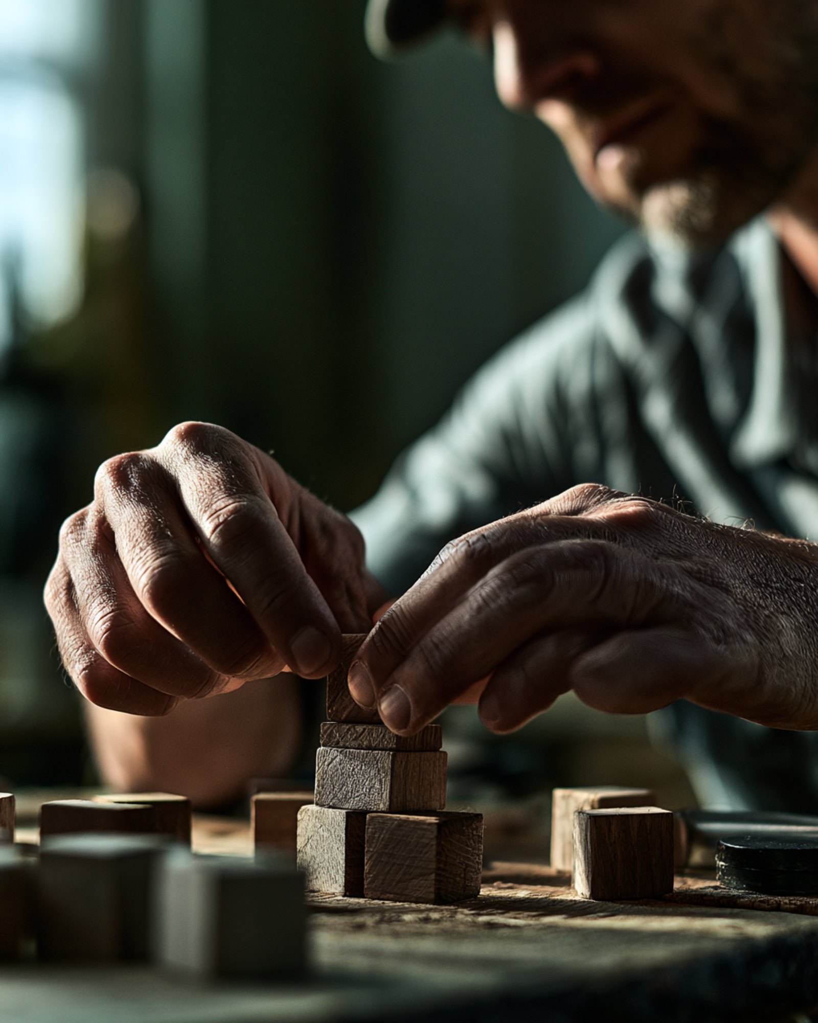 Hands stacking plain wooden blocks into a rising step